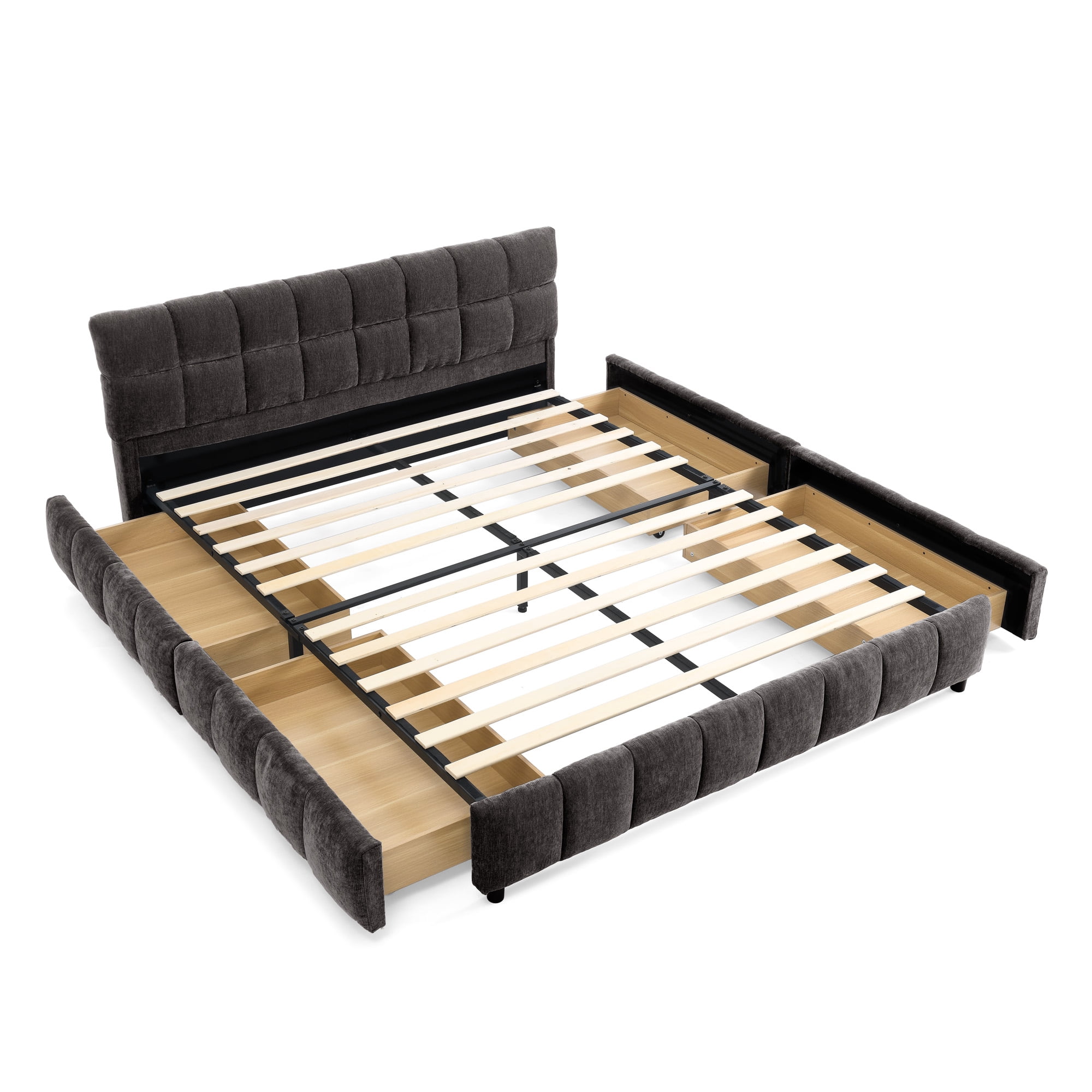 Howcool King Size Upholstered Platform Bed Frame with 4 Storage Drawers,Tufted Headboard,Chenille Low-profile Bed with Wooden Slats,No Box Spring Needed,Dark Gray