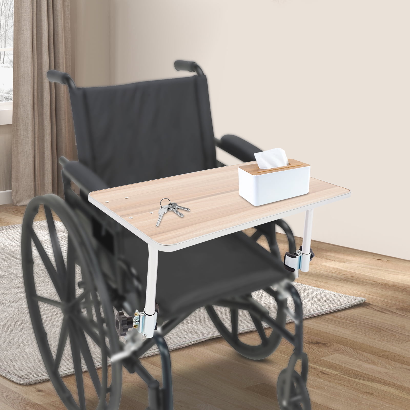 Wood Wheelchair Tray with Steel Support – 15mm Thick, 22.44x11.81in, Easy Install, Durable, for Daily Use, Reading, Eating, Work