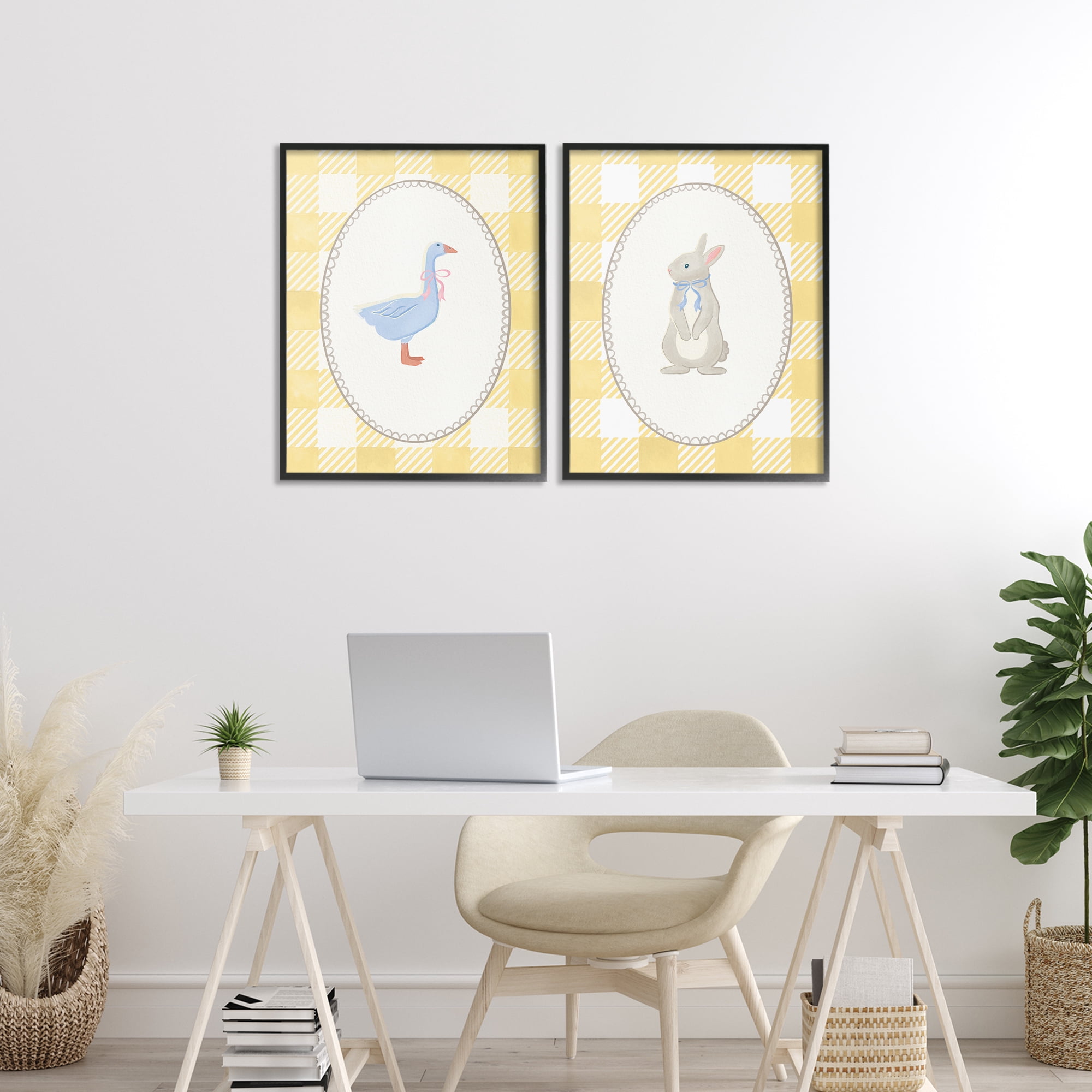 Stupell Industries Goose & Bunny Yellow Gingham 2 Piece Black Framed Giclee Art Set, design by The Paper Curator