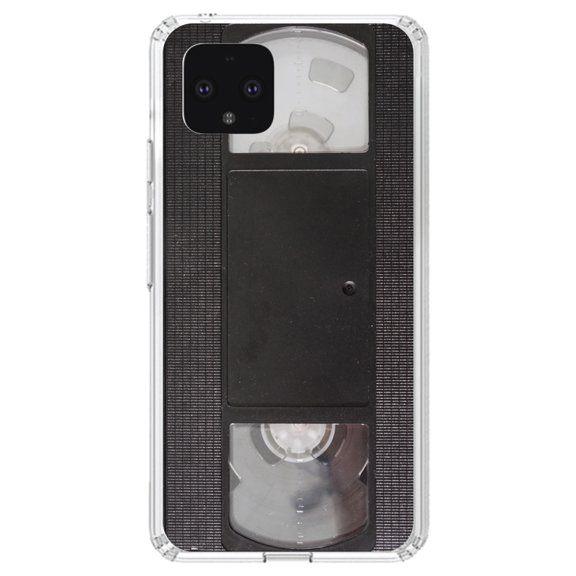 DistinctInk Clear Shockproof Hybrid Case for Google Pixel 4 (5.7" Screen) - TPU Bumper, Acrylic Back, Tempered Glass Screen Protector - VHS Video Tape
