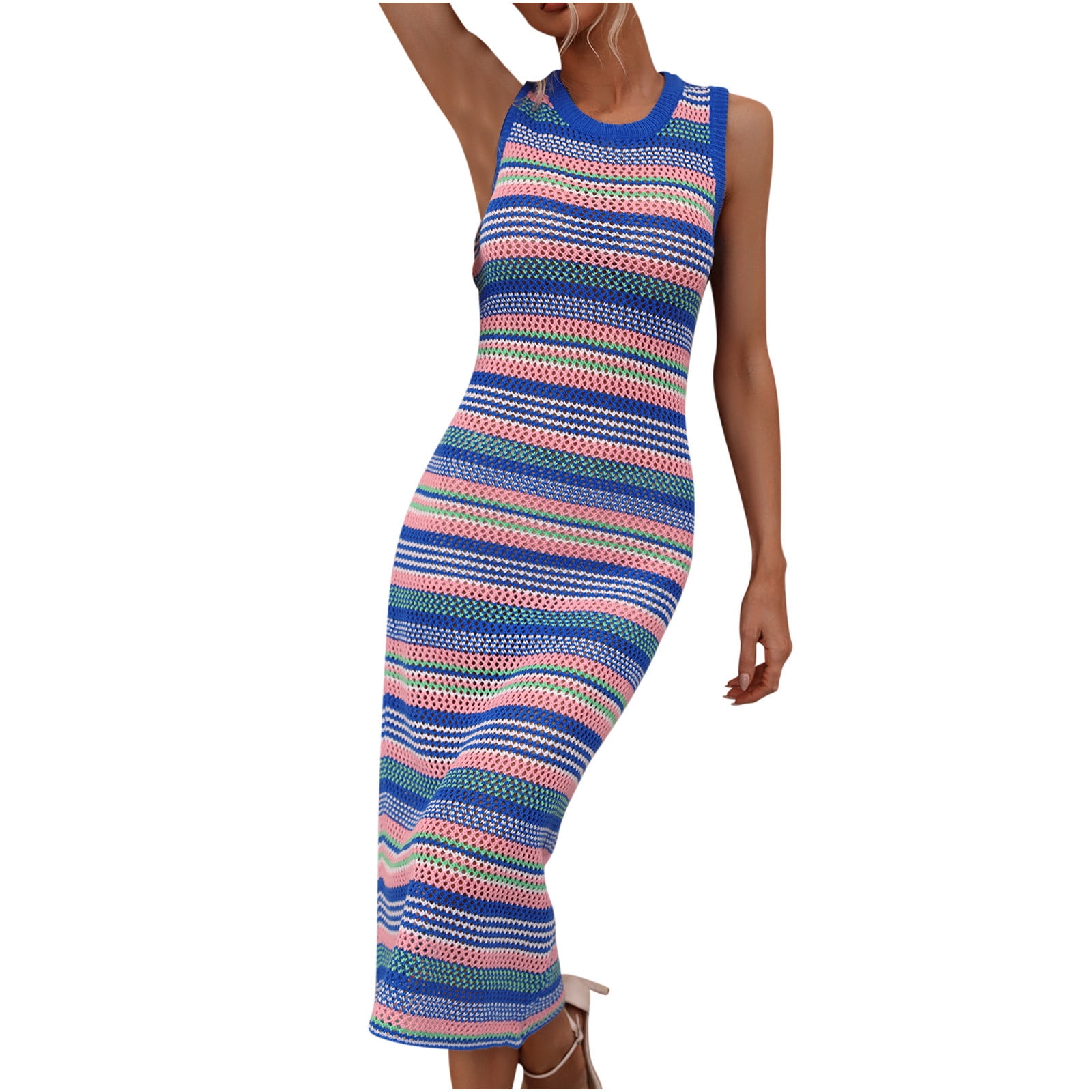 Crochet Dresses for Women Sexy Hollow Out Knitted Beach Bikini Cover Ups Sleeveless Crew Neck Trendy Stripe Printed Slim Fit Cover-Up Tank Midi Dress