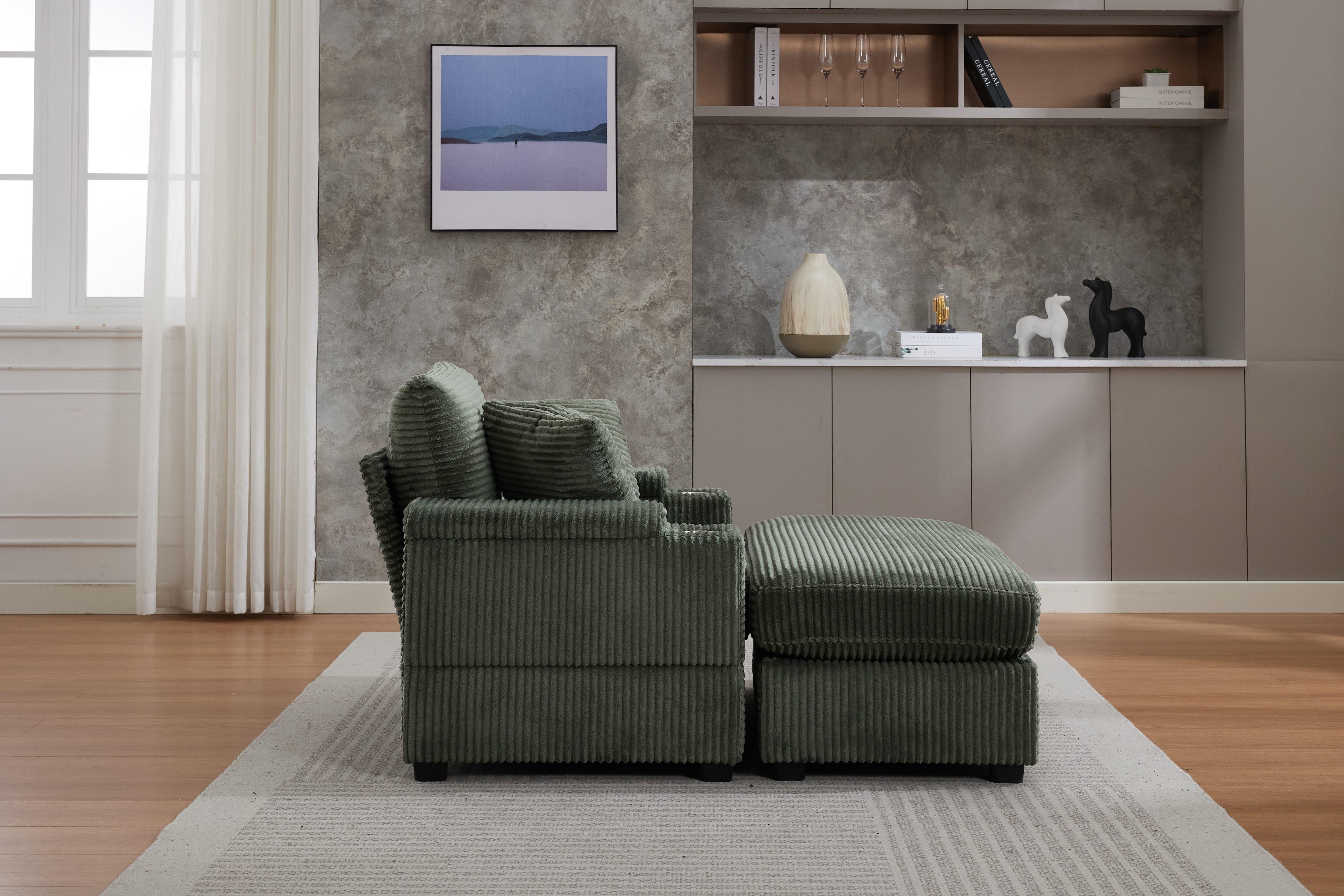 Chaise Lounge Chair Indoor Furniture, Corduroy Upholstered Chaise Lounge Sofa, Deep Seat Sofa with Handrail storage and Cupholders, Movable ottoman, Detachable Cushions for Living Room Bedroom,Green