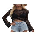 thumbnail image 1 of Haut en Résille Transparent pour Femmes Été Crochet Creux Manches Longues Crop Top Blouse en Maille, 1 of 6