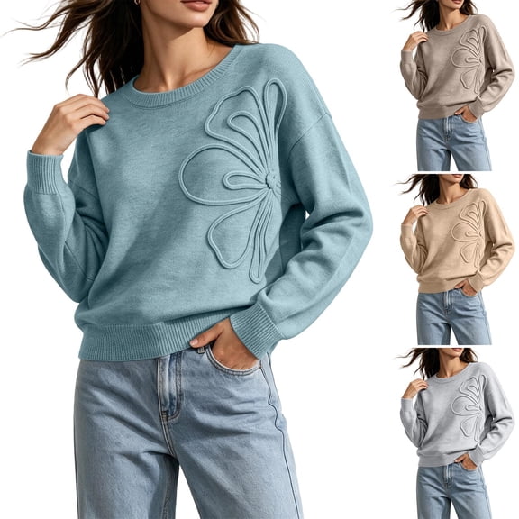 Women's Oversized Crewneck Sweaters 3D Textured Flower Detail Long Sleeve Loose Knit Pullover Soft Warm Jumper Casual Fall Winter Tops Sky Blue