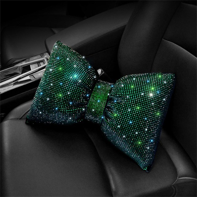 2023 Shiny Rhinestone Bow Car Headrest Neck Pillow for Women Driver Back Support and Relaxation Accessory