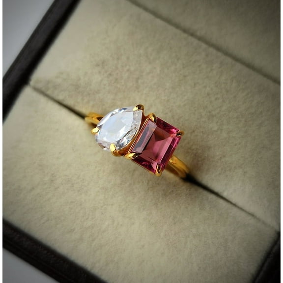 Pink tourmaline and simulated diamond ring/ emerald cut pink tourmaline/ 925 sterling silver ring/ promise ring/ toi et moi ring/ two stone ring Engagement Ring Gift