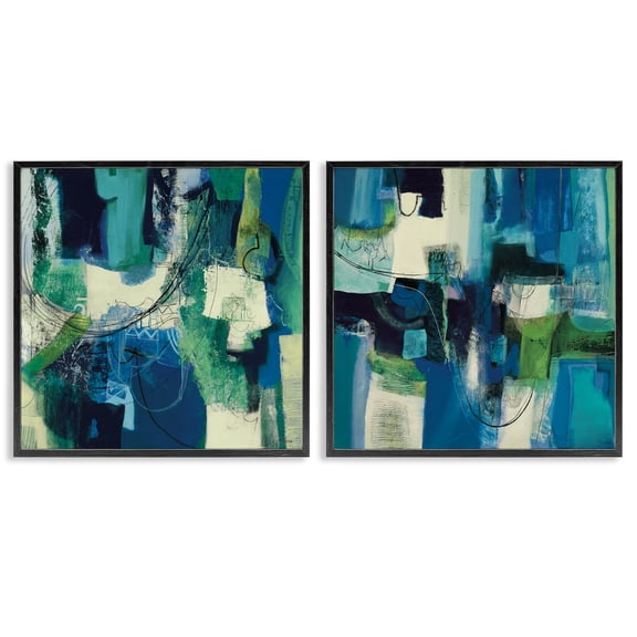 Stupell Industries Blue & Green Abstracts 2 Piece Black Framed Giclee Art Set design by Maurizio Piovan, 12 x 12