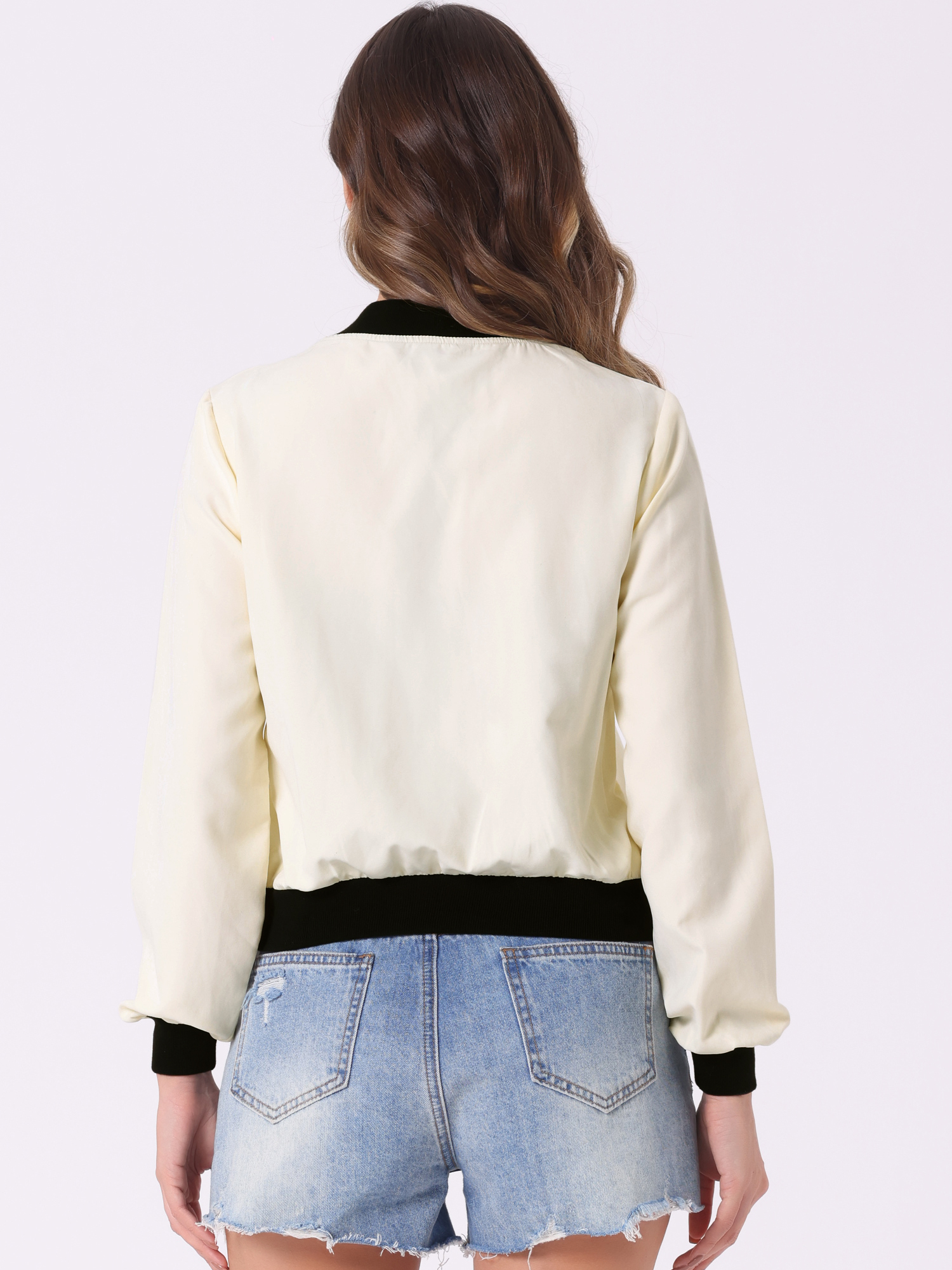 DARING DIVA Stand Collar Zip Up Flap Pocket Long Sleeve Bomber Jacket S Apricot