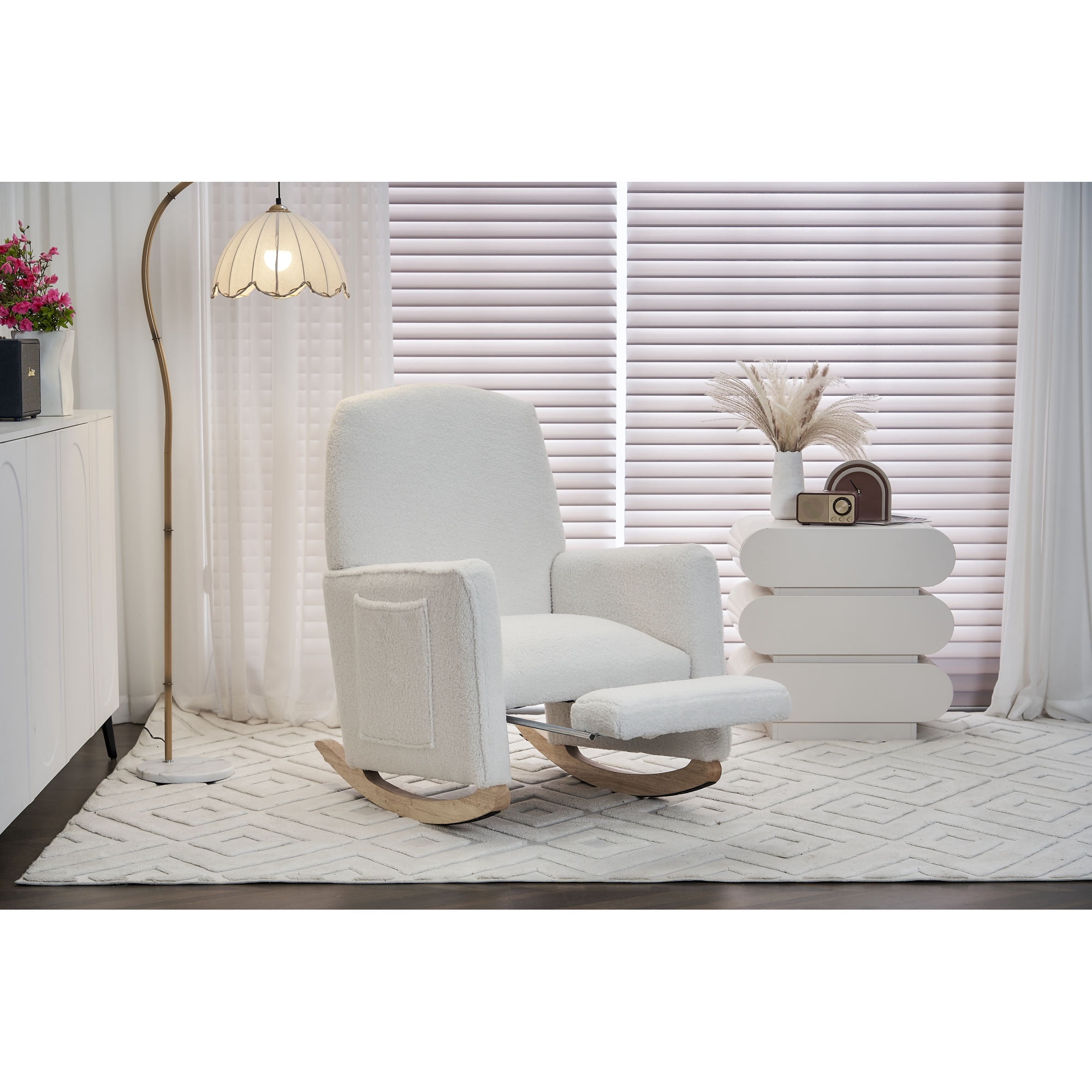 Leumius Nursery Rocking Chair,Teddy Fabric Upholstered Glider Rocker Chair with Adjustable Footrest,Comfortable Rocker Recliner with Side Pocket for Living Room, Bedroom, Nursing Room,Ivory