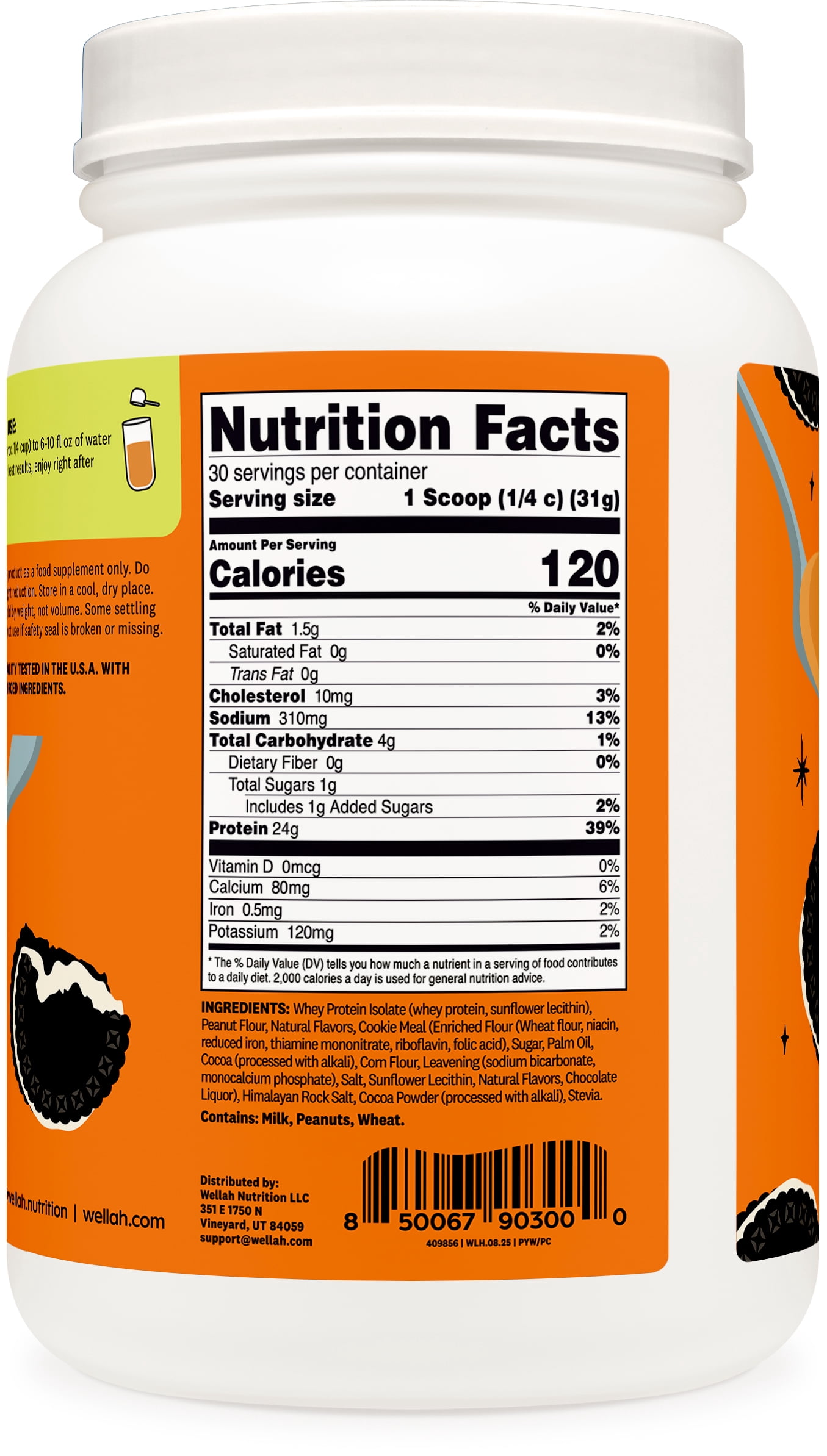 Wellah Grass-Fed Whey Protein Isolate Powder (Peanut Butter Cookie) 30 Servings - 24g of Protein, 120 Calories Per Serving, Naturally Sweetened