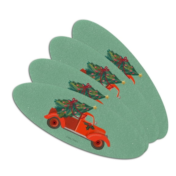 Old Timey Christmas Red Truck and Tree Double-Sided Oval Nail File Emery Board Set 4 Pack