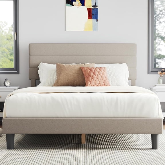 Novilla Queen Bed Frame, Queen Size Bed Frame with Wooden Slats Support, Linen Upholstered Stripe Headboard, No Box Spring Needed, Heavy Duty Feet, Easy Assembly, Beige