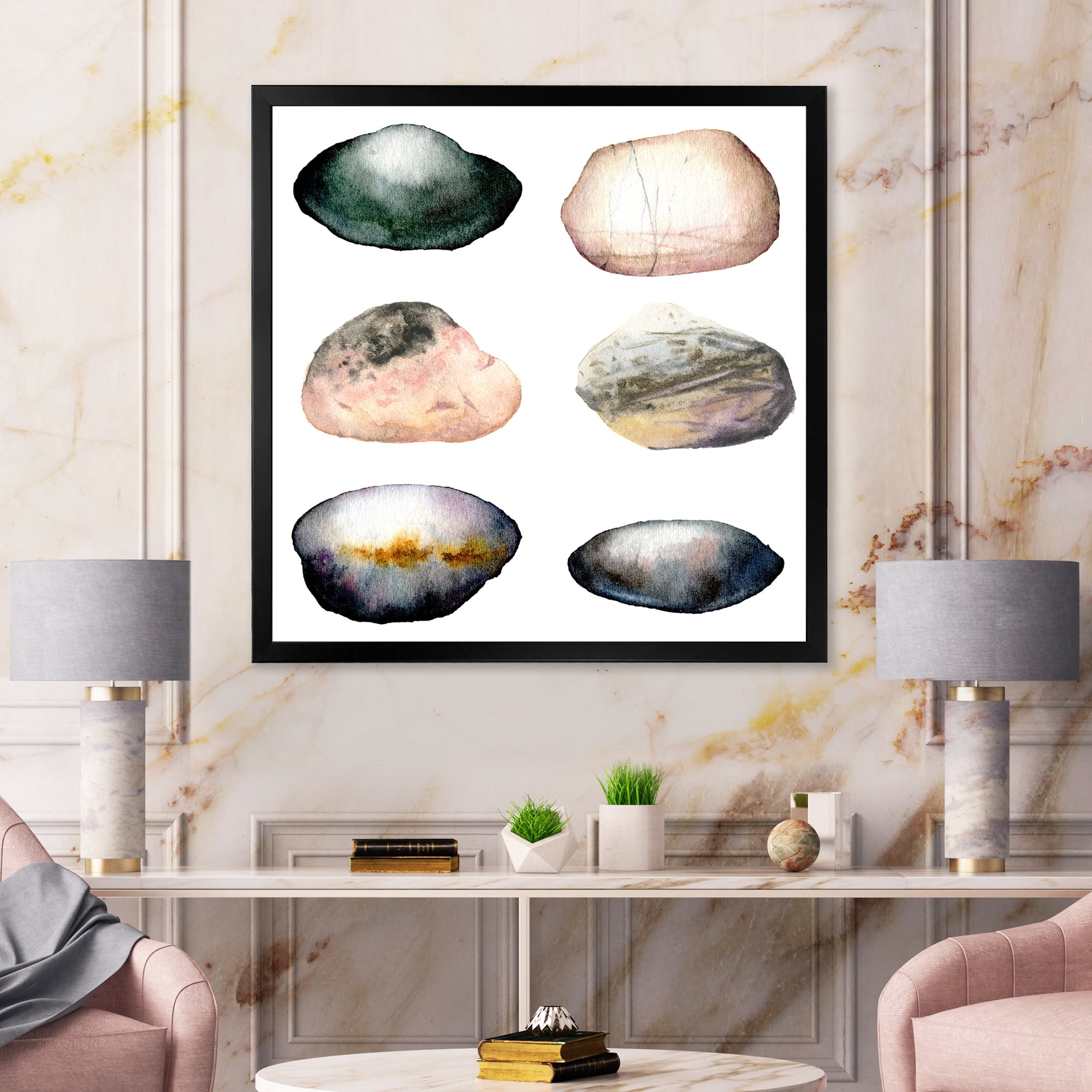 Designart 'Six Abstract Sea Stones On White' Nautical & Coastal Framed Art Print