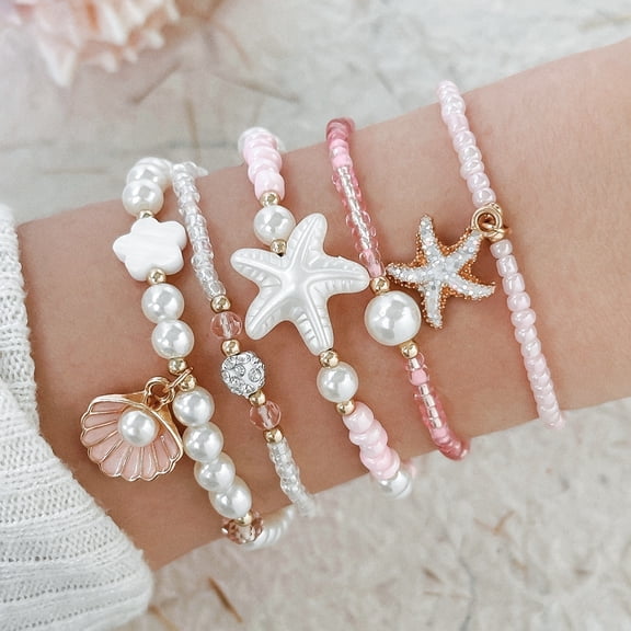 Faty-T Bohemian Ocean Beaded Bracelet Set - with Starfish Shell Charms & Imitation Pearl for Christmas Birthday Gift, Stackable Stretchy Jewelry