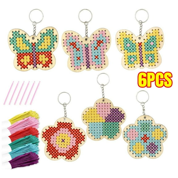 Wooden Cross Stitch Kits for Kids, Make Your Own 6 Cross Stitching Keyrings, Wood Sewing Kit, Arts & Crafts Butterfly, Flower Ornaments, Embroidery Kit for Beginners