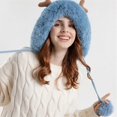 thumbnail image 1 of Gorros de punto cálidos de Navidad para mujer, gorro con orejeras de dos bolas, dibujos animados, cuerno de ciervo, felpa esponjosa, piel gruesa, Invierno, 1 of 4