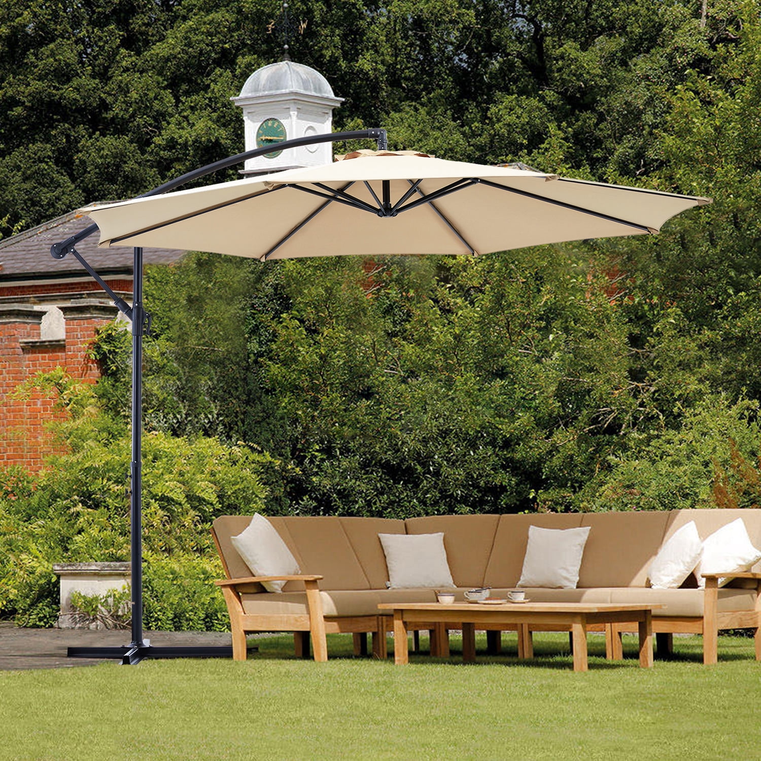 Blorly 10FT Offset Patio Umbrella, Hanging Cantilever Umbrella with Easy Tilt Adjustment, 8 Ribs, UV Protection, Khaki