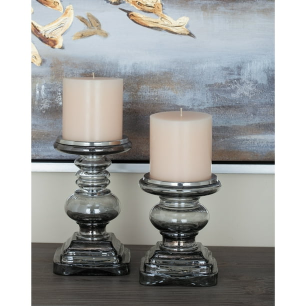 DecMode 2 Candle Silver Glass Handmade Turned Style Pillar Candle