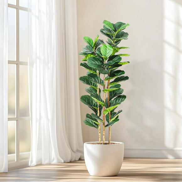 BeesClover Artificial Fiddle Leaf Fig Tree in White Pot, Realistic Tall Faux Plant for Indoor Decoration, Perfect for Home, Office, or Living Room Spaces