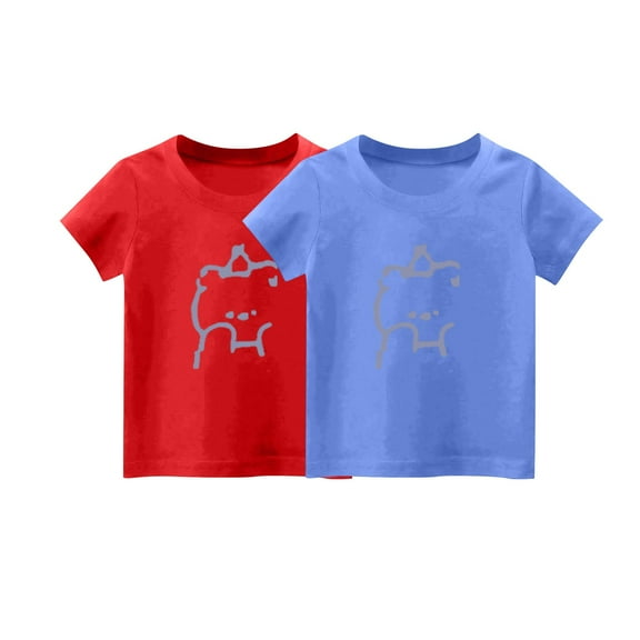 2-Pack Girls Cute T-Shirt Kids Summer Short Sleeve Tops Bear Casual Cotton Trendy Crew Neck Graphic Tees Loose Blouses, Red/Blue, 4 Years