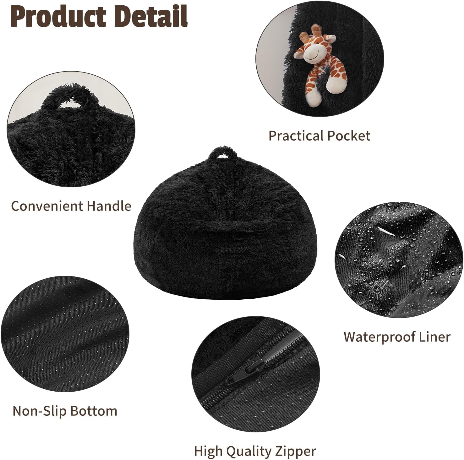 Bean Bag Cover (No Filler), Soft Faux Fur Stuffed Animal Bean Bag Storage, Fluffy Plush Bean Bag Chair Cover Washable, Comfy Bean Bag Covers for Adults Kids Teens, 38"x40" Black