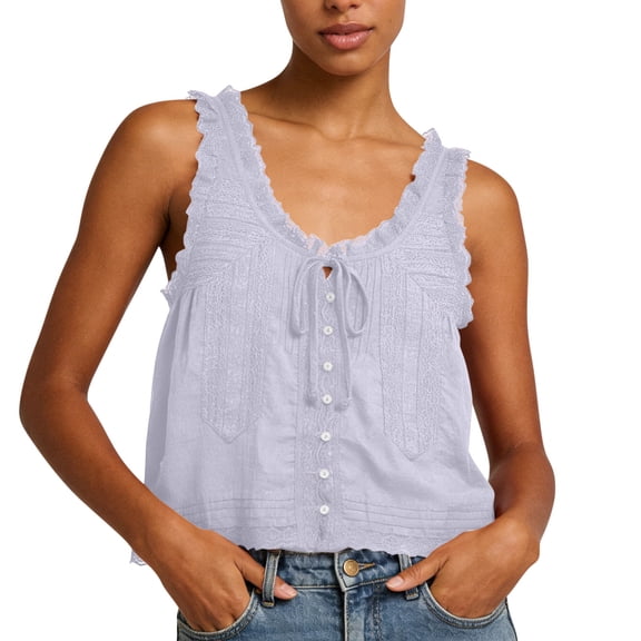 WRKEKC Cami Tank Tops for Women V-Neck Lace Trim Button Front Linen Sleeveless Top with Tie Detail and Loose Boho Style for Summer