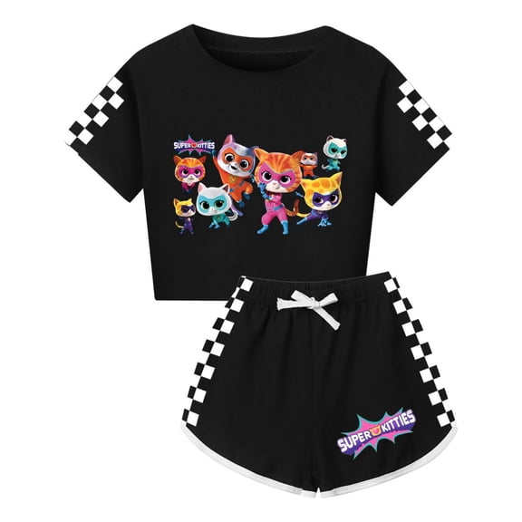 Girls Casual Summer T-Shirt Outfit Set– SuperKitties Cropped Top and Shorts – Kids Character Clothing