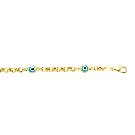 14K Yellow Gold Shiny Rolo Link Chain+Station Evil Eye Bracelet with Pear S hape Clasp