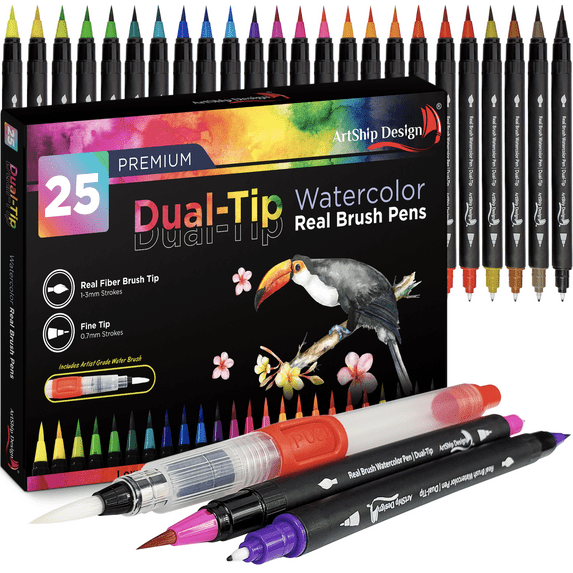 25 Dual Tip Bonus Pack - Watercolor Brush Penswith Real Bristle Brushes and Fine Tips combined in Each Brush Pen plus a Premium Water Brush by ArtShip Design