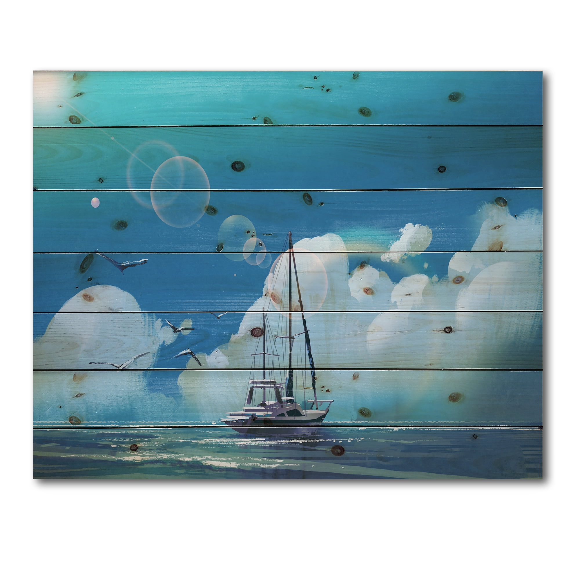 Designart 'The Sailboat On The Blue Sea Against Summer Clouds Sky' Nautical & Coastal Print on Natural Pine Wood