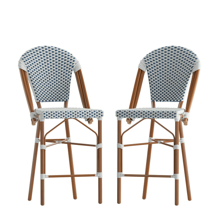 Merrick Lane Set of Two Indoor/Outdoor Stacking French Bistro Counter  Stools with White and Navy Patterned Seats and Backs & Bamboo Finished  Metal 