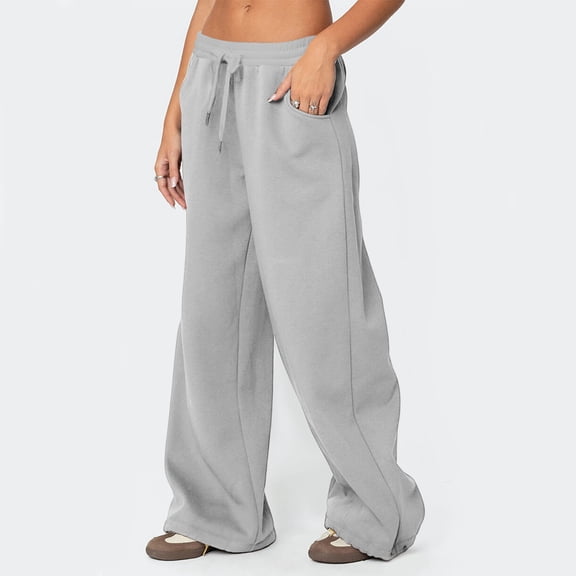 Dwellite Wide Leg Pants for Women SweatPants Winter Pants Baggy Drawstring Sweatpant with Pockets Silver S