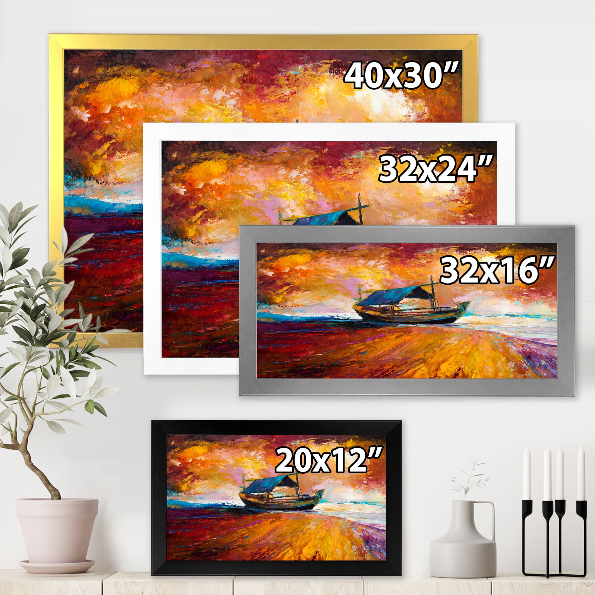 Traditional Fisher boat During Ocean Evening Glow 32 in x 24 in Framed Painting Canvas Art Print, by Designart