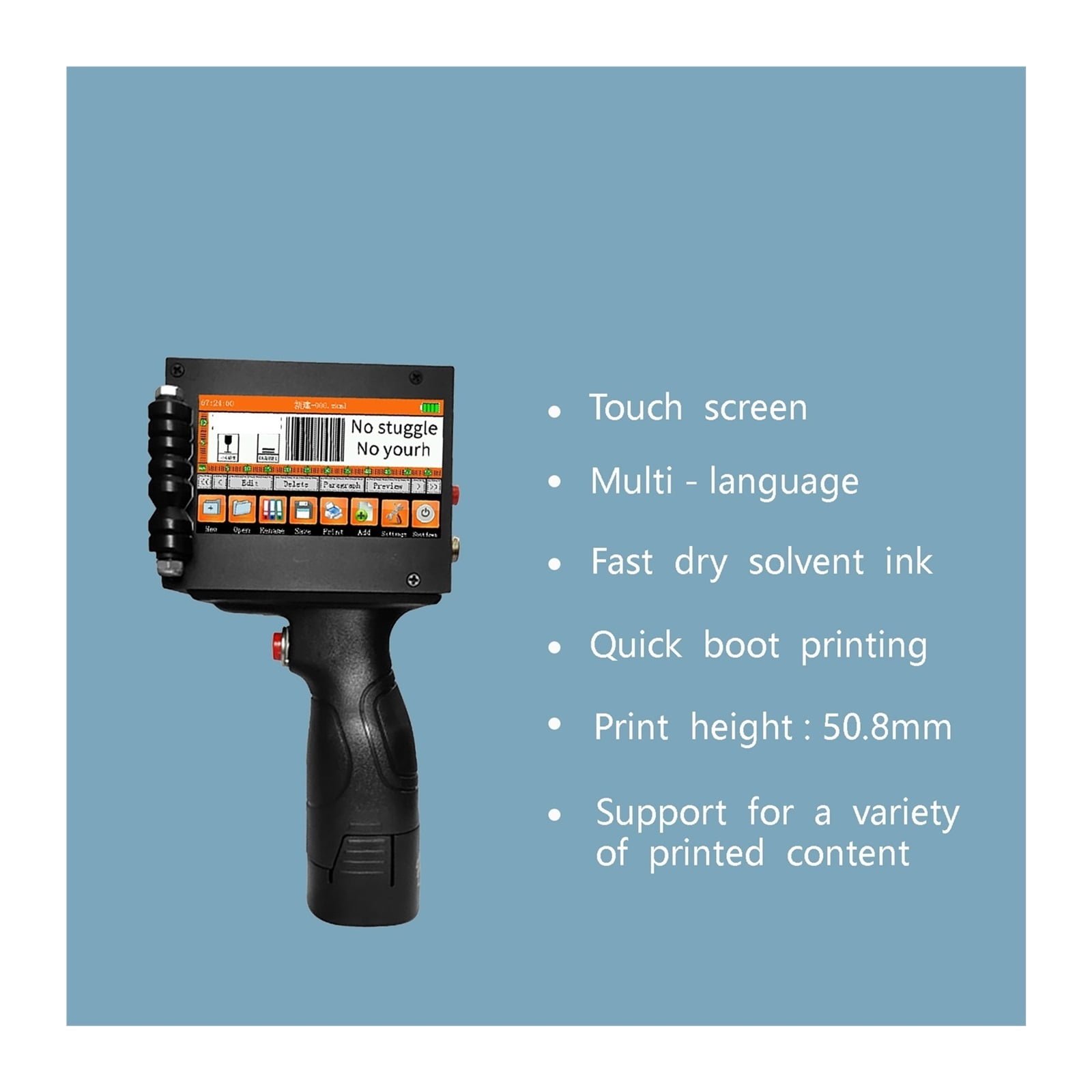 Printer Jet, Handheld Inkjet Printer With 4.3 Inch LED Smart Touch Screen, Dual Ink Tanks, Fast Drying Inkjet Printer
--------
,Fast Printing