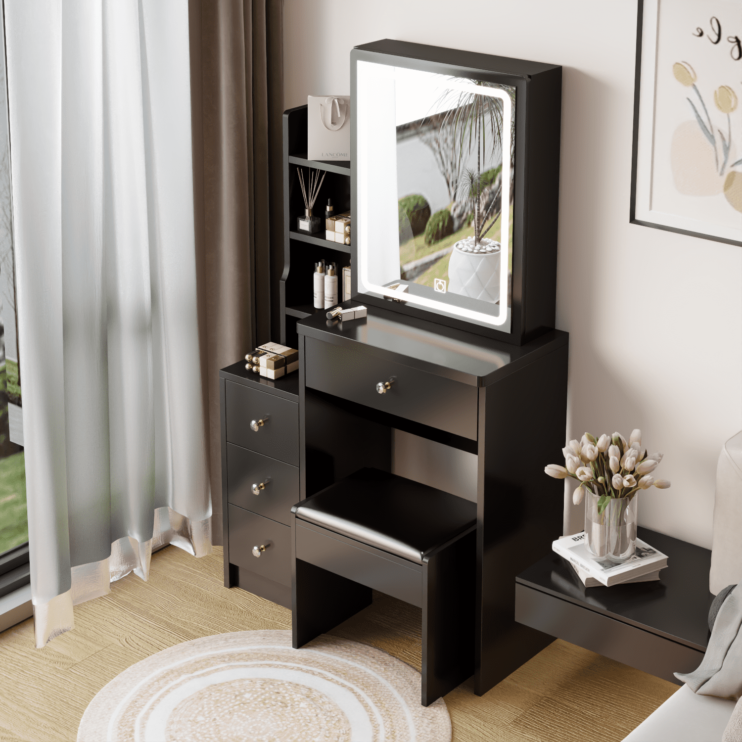 Resenkos Makeup Vanity Desk Set with Mirror and Lights and Cushioned Bench, 4 Drawers Storage Vanity Table for Bedroom, Black Resenkos Makeup Vanity Desk Set with Mirror and Lights and Cushioned Bench, 4 Drawers Storage Vanity Table for Bedroom, Black