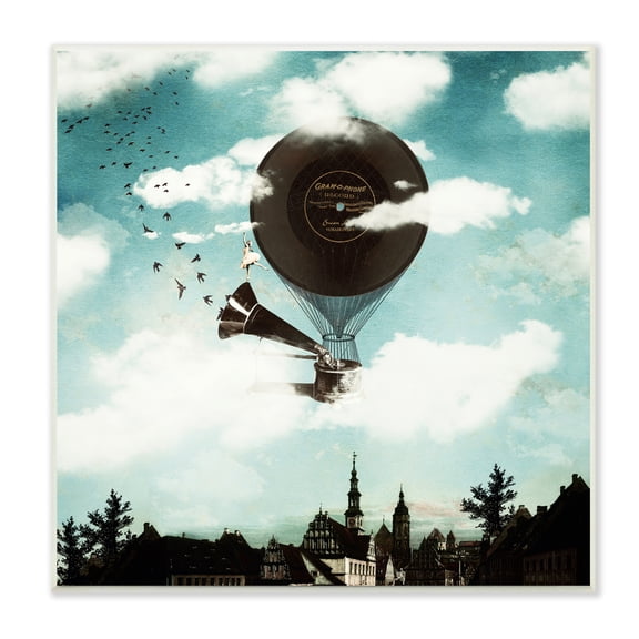 Stupell Industries Serene Gramophone Flying Birds Clouds City Buildings Wood Wall Art, 12 x 12, Design by Paula Belle Flores