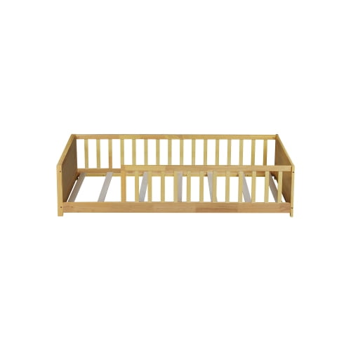 Bellemave Twin Size Floor Bed with Fence, Montessori Floor Twin Bed with Built-in Book Rack, Solid Wood Twin Bed with Slats and Safety Guardrails, Natural