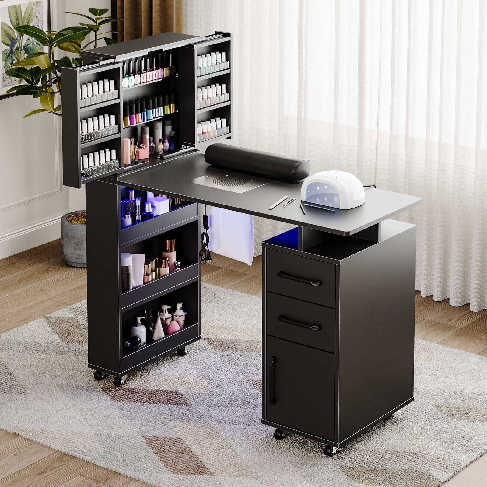 Advwin Professional Manicure Table with Extendable Nail Polish Cabinet, Dust Collector, LED Light & Wrist Rest, Rolling Nail Desk for Nail Tech, Beauty Nail Station for Home & Salon, Black