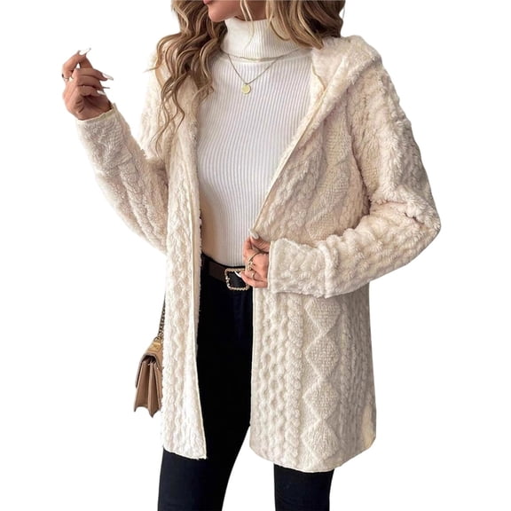 Women's Open Front Fleece Jacket Fuzzy Hooded Long Sleeve Cardigan Winter Coat Casual Outerwear Cream White S