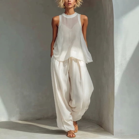 Morttic Women's Solid Color 2 Piece Set – Mesh Sleeveless Crew Neck Top & Drawstring Wide Leg Pants Flowy Summer Outfit White,S