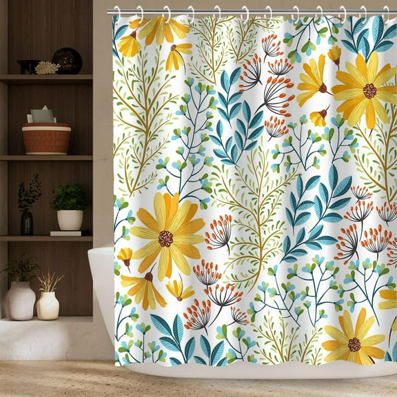 Floral Shower Curtain, Yellow Floral Shower Curtain, Shower Curtain Set with 12 Hooks, Decorative Colorful Flowers Blue Leaves Bathroom Accessories, Machine Washable, 72" W X 72" H