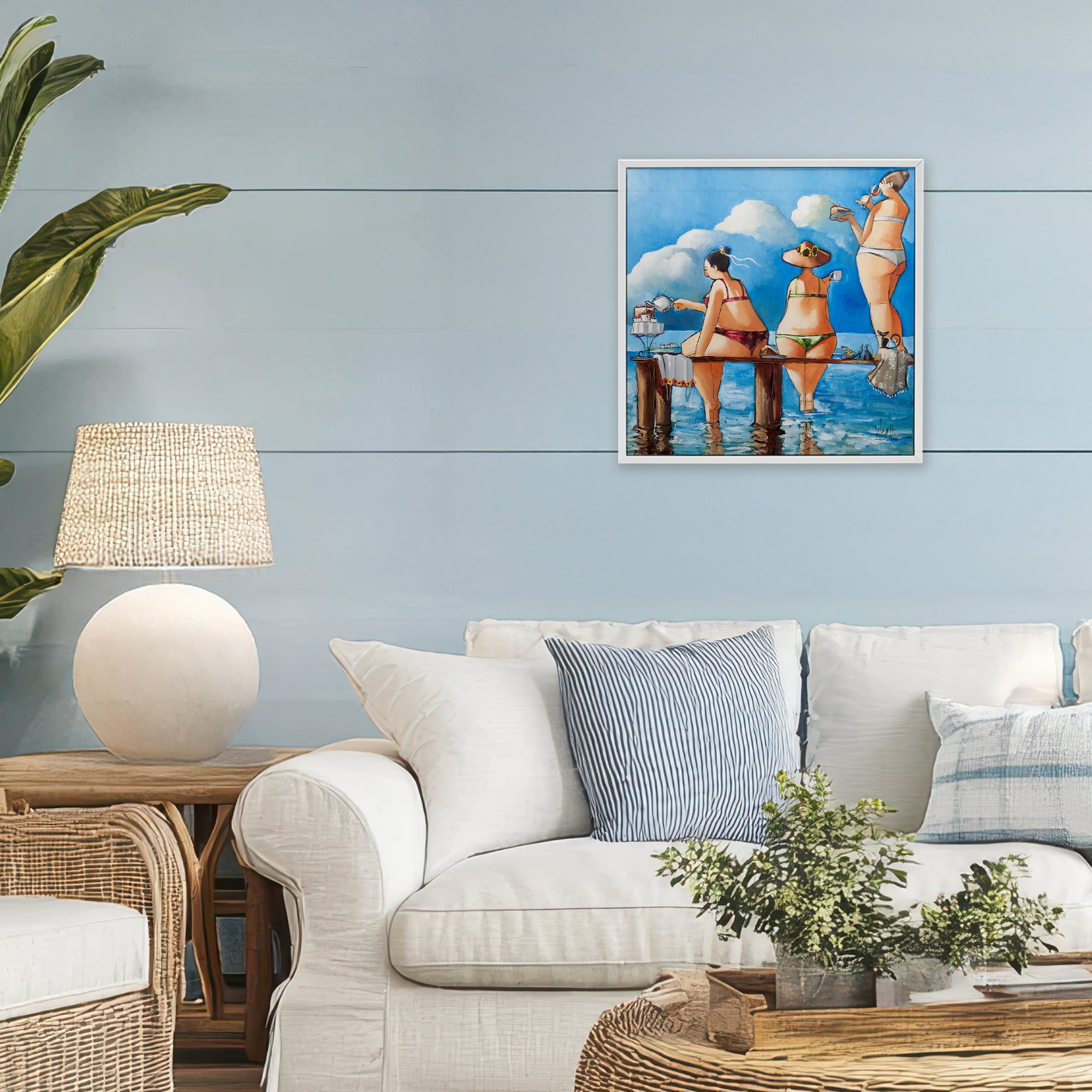 Tea Break On The Jetty White Framed Giclee Art, design by Ronald West