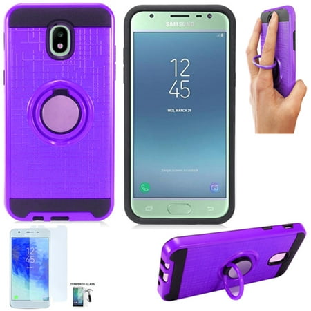 For Samsung Galaxy J7 Aero Case , J7 Aura Case, J7 Crown Case, J7 (2018), J7 Star Case, J7 Refine, J7 Top, J7v 2nd Gen. Tempered Glass with Finger Holder (Ring-Stand Purple-Black/Tempered