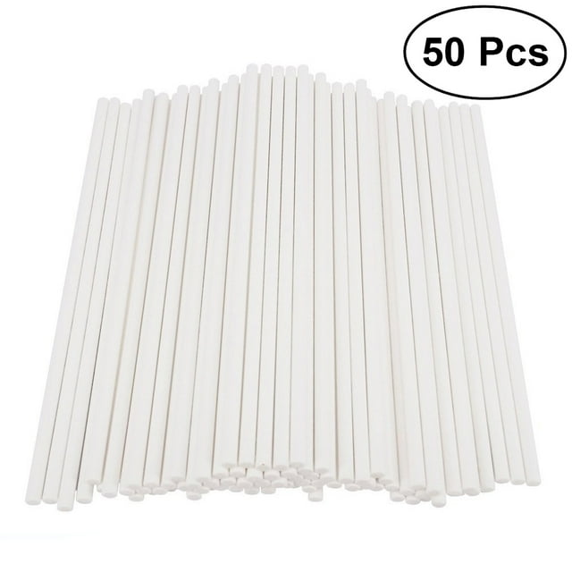 SHISUYAN 50pcs Paper Lollipop Sticks, white, 10cm (3.94 inches) in height, designed for crafting and DIY projects. These durable and sturdy paper sticks are ideal for making chocolate or hard candy lollipops, as well as creating cookie and cake pops for party treats. Suitable for various arts and crafts projects.