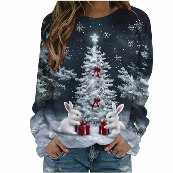Christmas Sweatshirts For Women Crew Neck Long Sleeve Christmas Tree Graphic Print Pullover Funny Festival Outfits (XL, Gray-A)