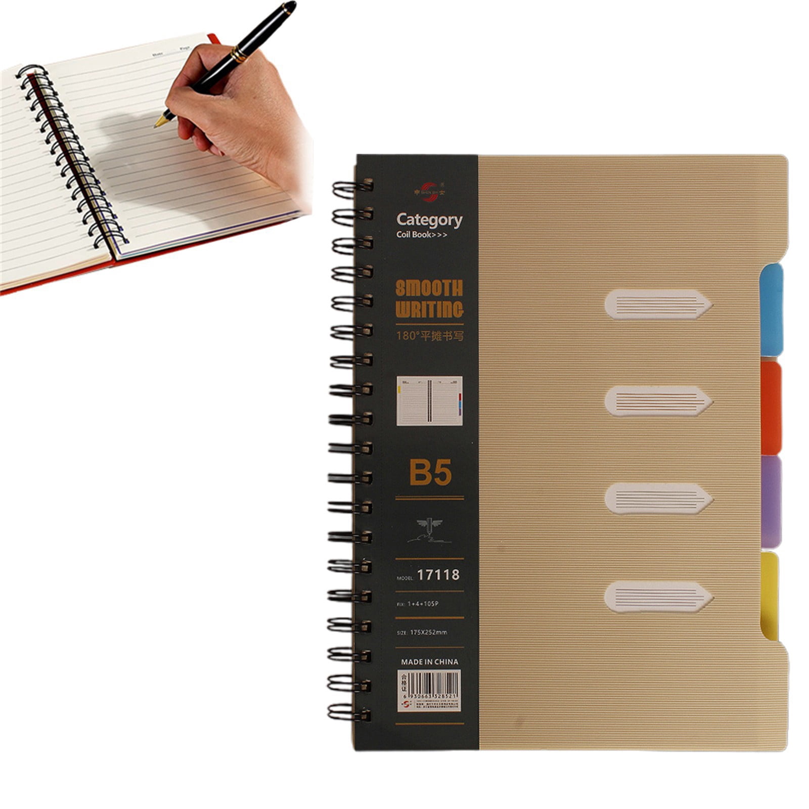 College Ruled 4 Subject Spiral Notebooks, With 5 Tabs Dividers Multi Subject Organizer Notebooks,Plastic Hardcover Smooth Writing Durable No Ghosting Notebooks for Study Work Daily Note Taking,Khaki