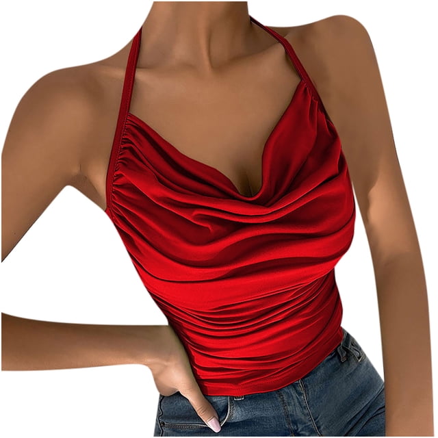 Blusa con tirantes pequeños para mujer, informal, Sexy, a la moda, de verano, con cuello Halter Pompotops lopia999408