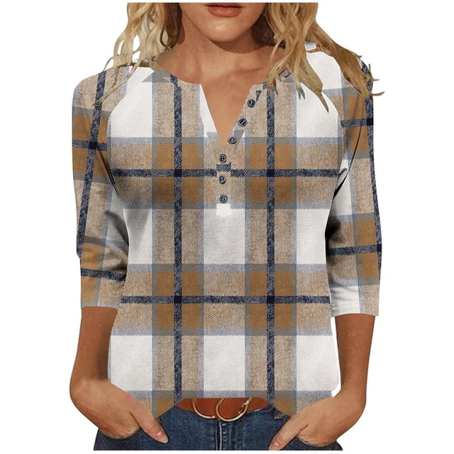 Tejiojio 3/4 Length Seelve Shirts for Women Casual Printed Crewneck Blouse Loose Fit Summer Top