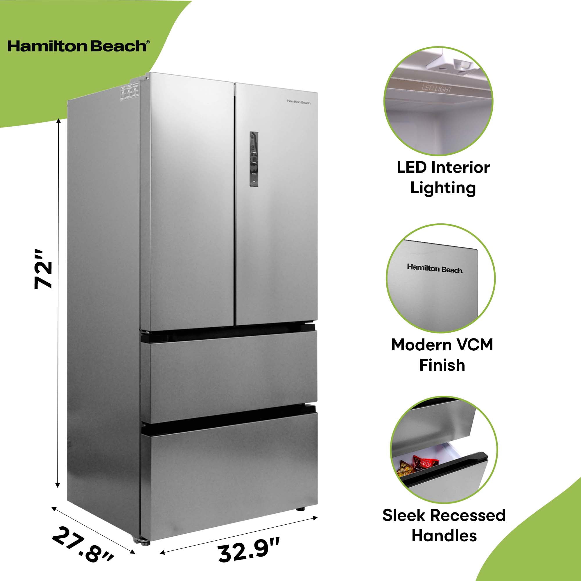 Hamilton Beach 17.9 cu. ft. French Door Refrigerator with Double Freezer, Stainless Steel Fridge with Digital Display and Interior Lighting