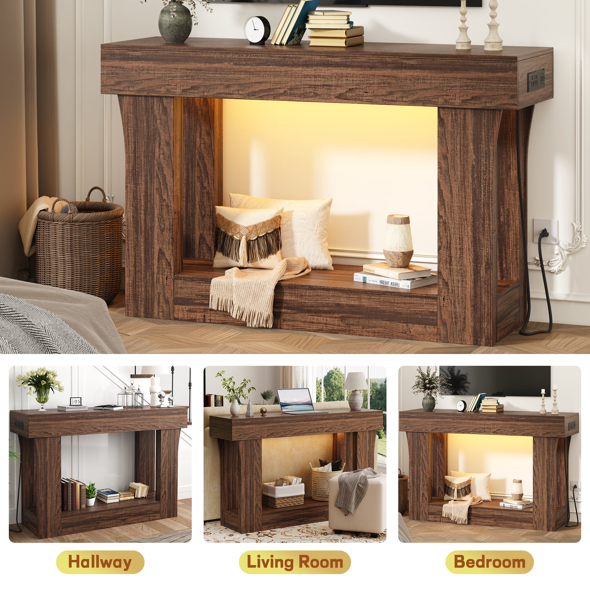 47" Long Console Table for Entryway with Charging Station, Wooden Foyer Hallway Table, Industrial Console Sofa Table for Living Room, Brown